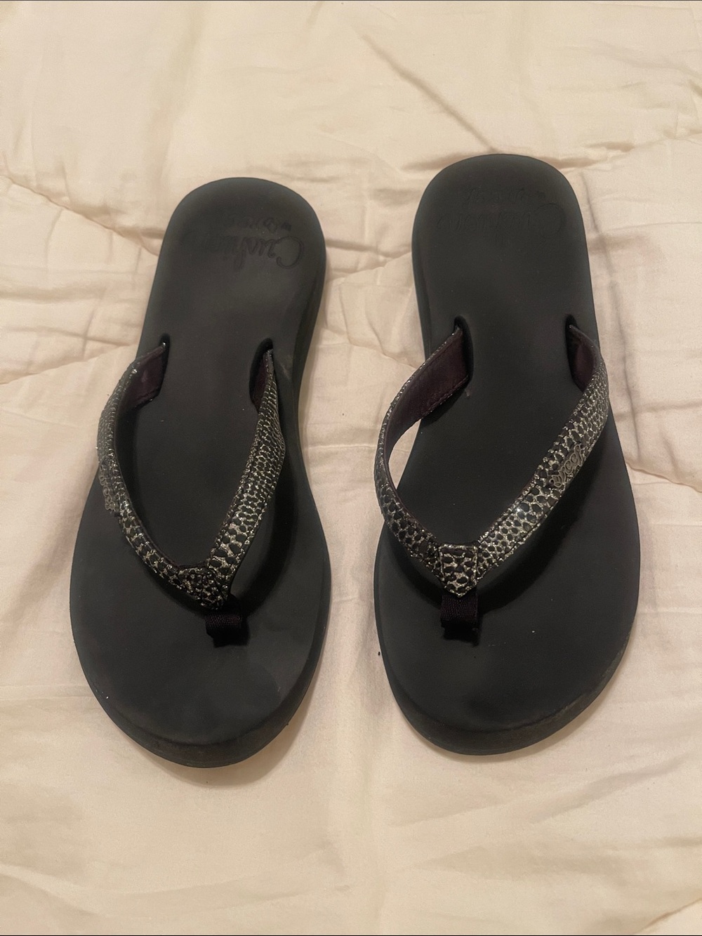 Women's Cushion by Reef Black Flip Flop Sandals with Metallic Snake-Print Straps